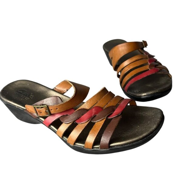 Clarks Women's‎ 9.5 Strappy Leather Wedge Slide Sandals Cognac Brown Red Summer - Picture 1 of 10